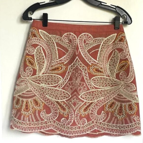 Anthropologie Beaded Mini Skirt 4 Pink Cotton Embroidered Boho Scallop Hem - Picture 2 of 10